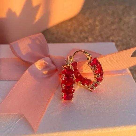 925/18K gold plated ruby oval cut inside out hoop earrings with swarovski #123 - Picture 10 of 13